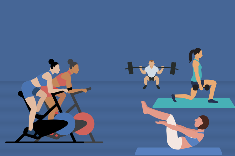 Illustration of older adults exercising with stationary bikes, a barbell, yoga poses, and stretching exercises